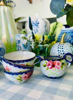 Antique Nippon Creamer and 3 Teacups, Hand Painted