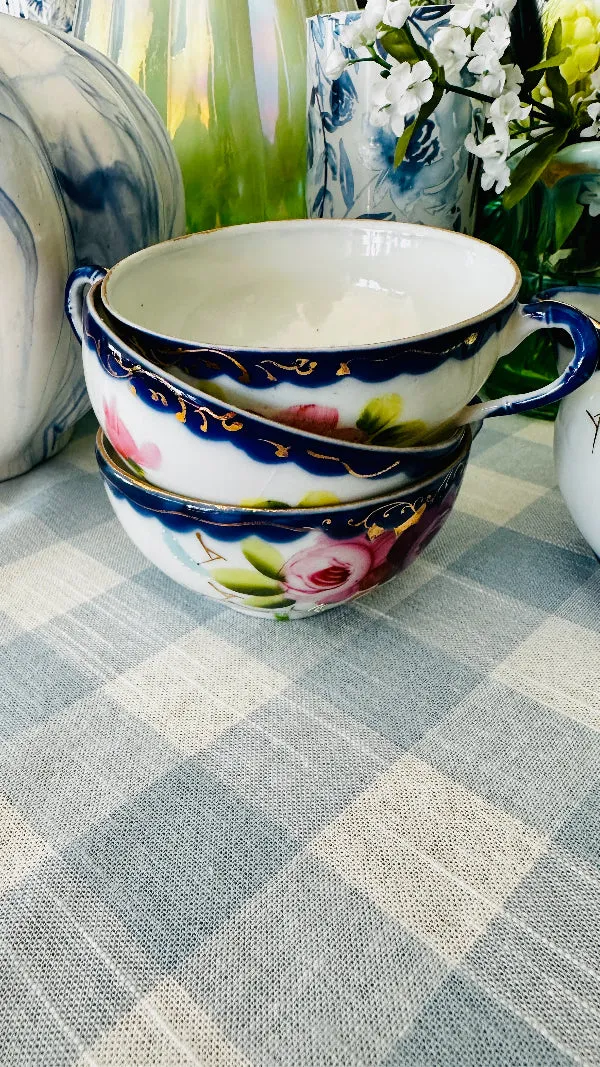 Antique Nippon Creamer and 3 Teacups, Hand Painted