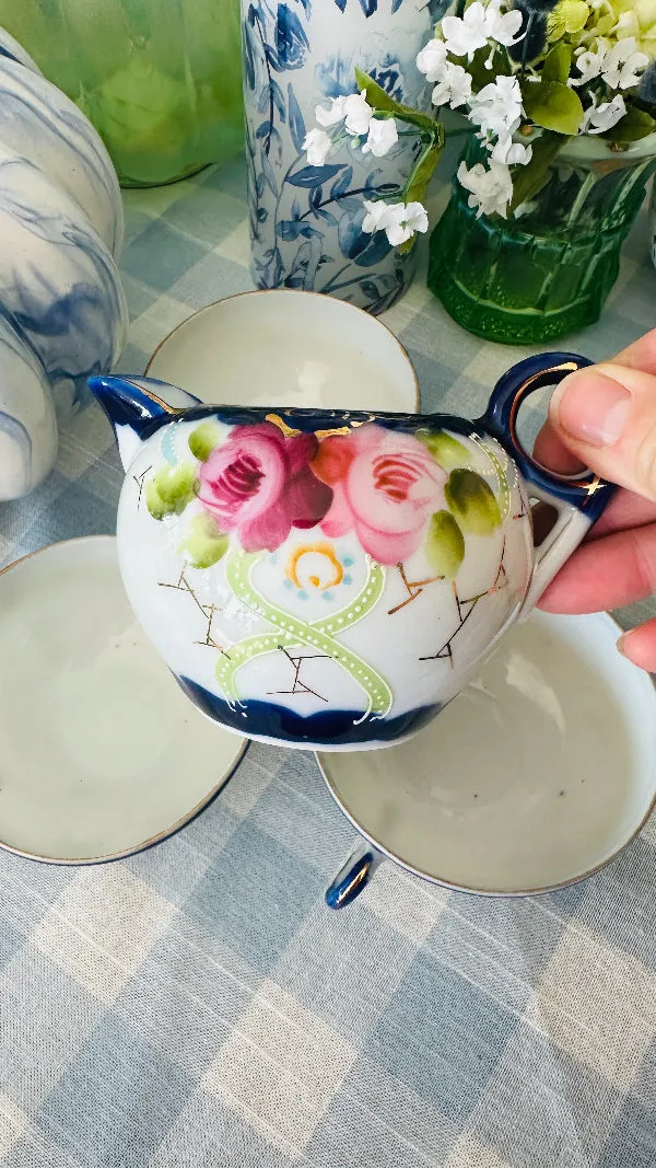Antique Nippon Creamer and 3 Teacups, Hand Painted