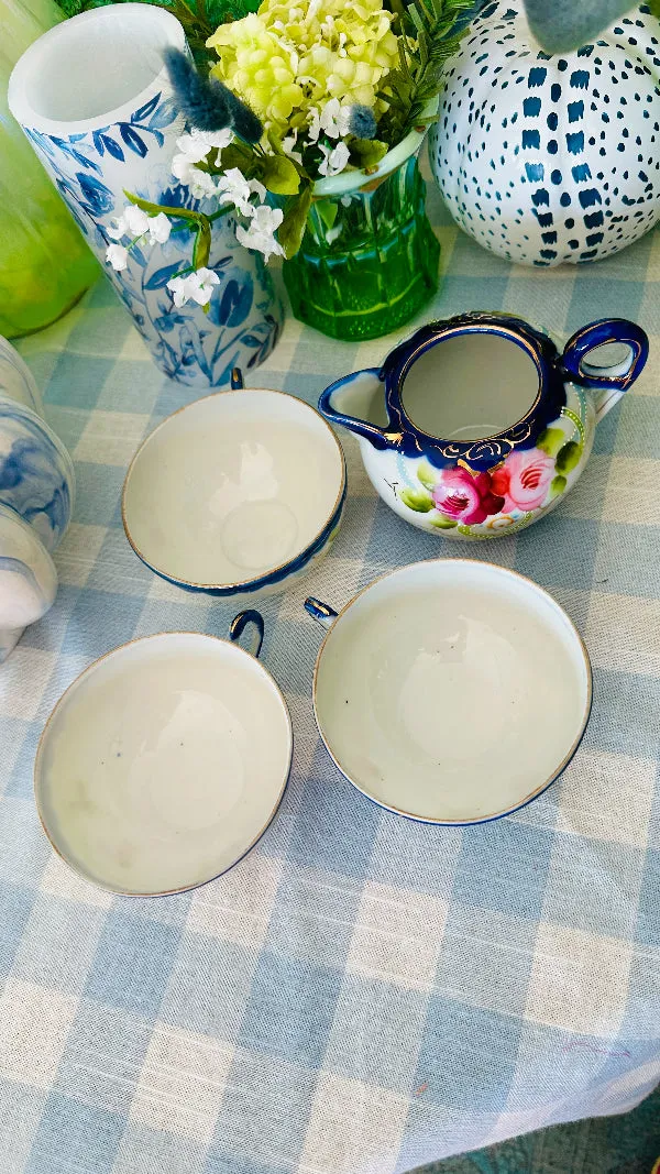 Antique Nippon Creamer and 3 Teacups, Hand Painted