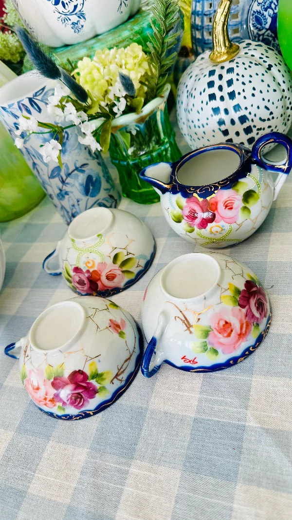Antique Nippon Creamer and 3 Teacups, Hand Painted