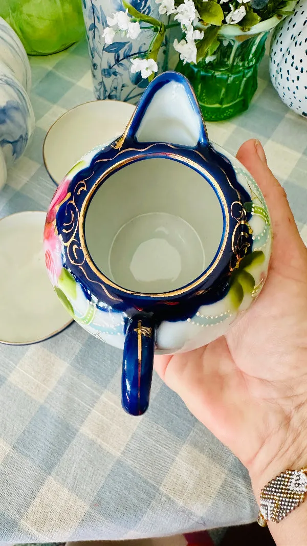 Antique Nippon Creamer and 3 Teacups, Hand Painted