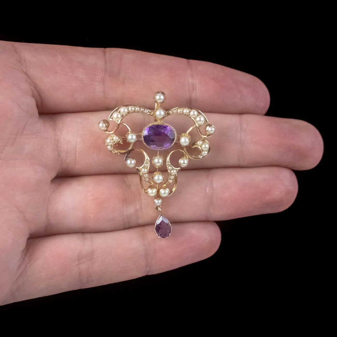 Antique Victorian Amethyst Pearl Brooch 15ct Gold