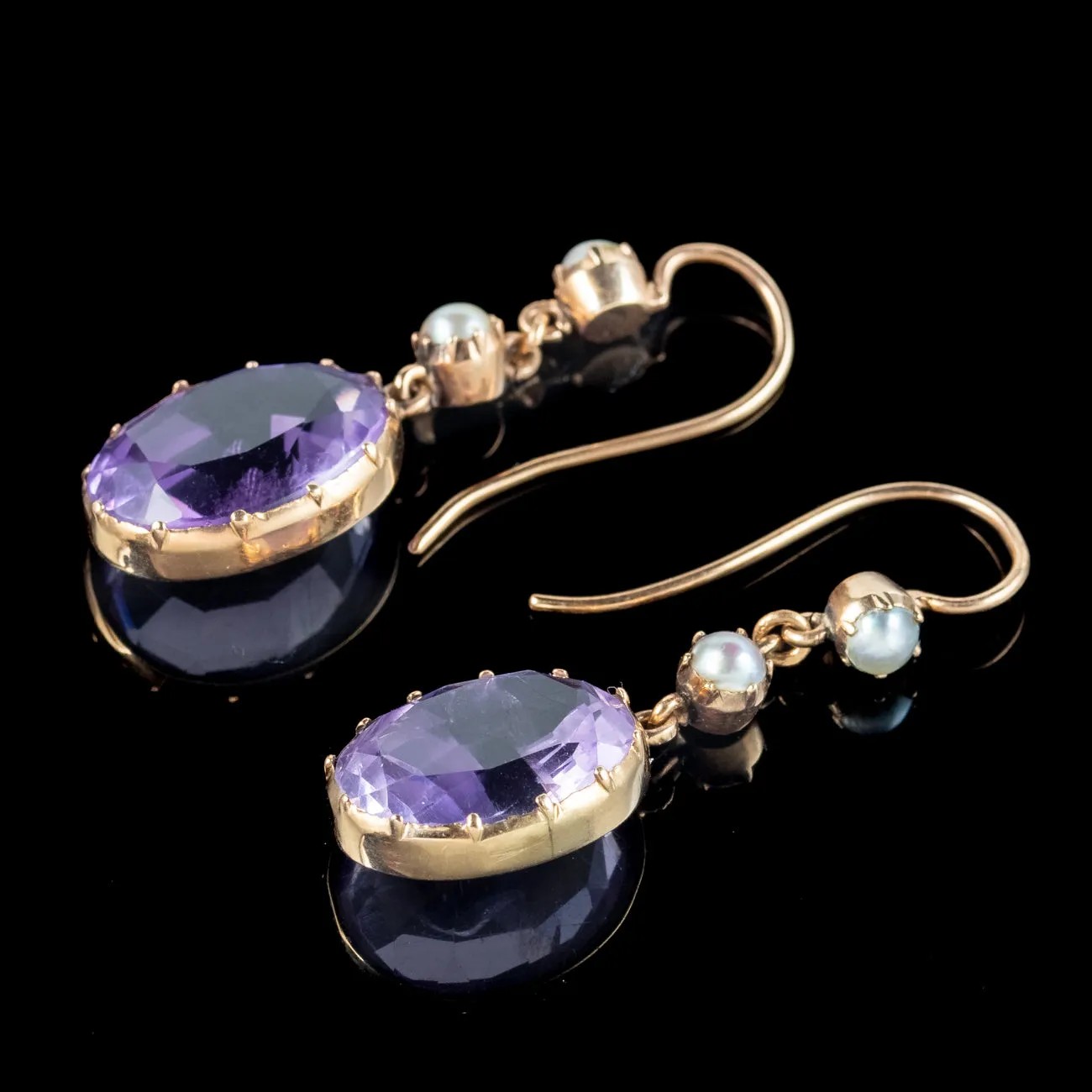 Antique Victorian Amethyst Pearl Drop Earrings 7.2ct Amethysts