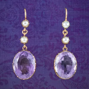Antique Victorian Amethyst Pearl Drop Earrings 7.2ct Amethysts