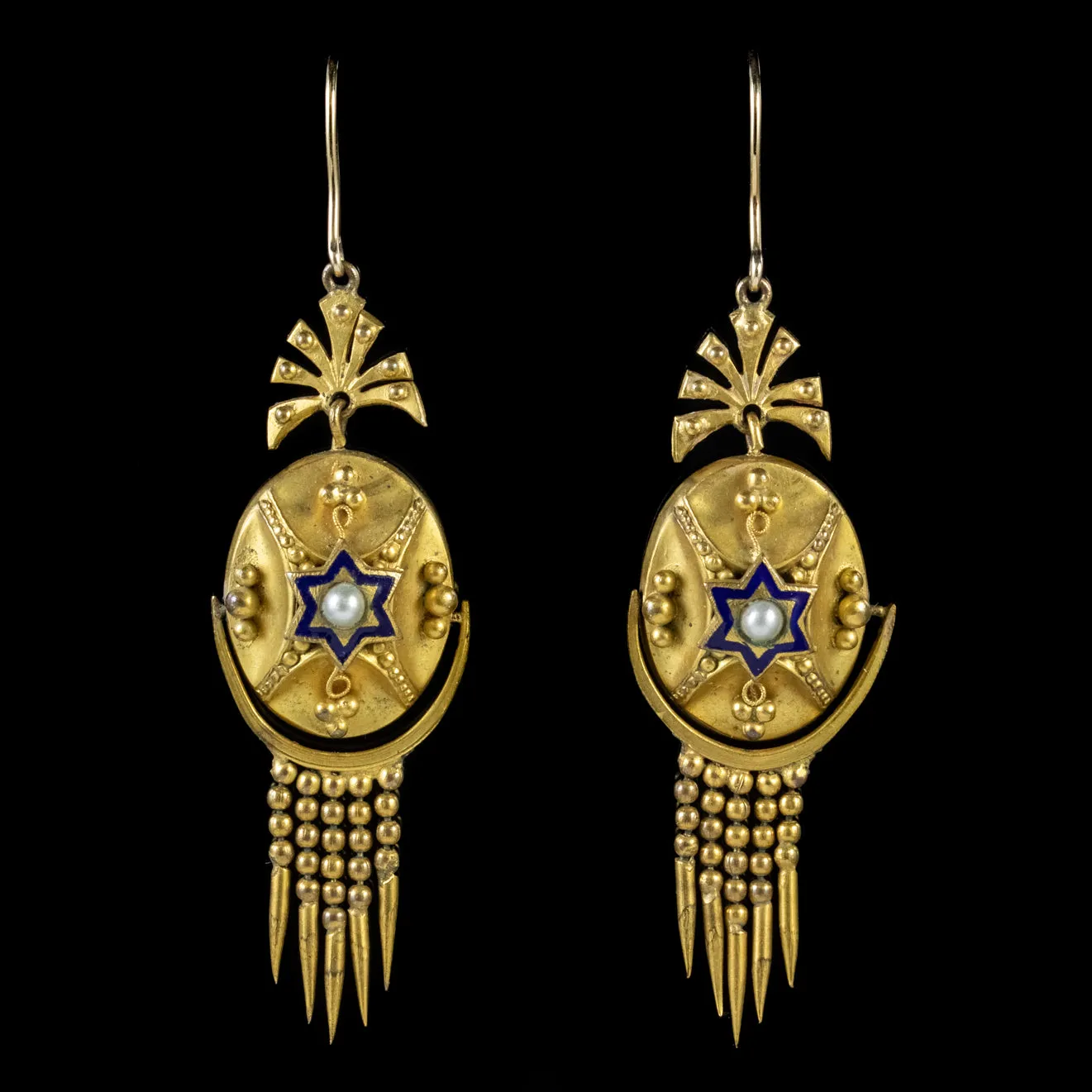 Antique Victorian Etruscan Revival Enamel Pearl Drop Earrings Boxed Circa 1860