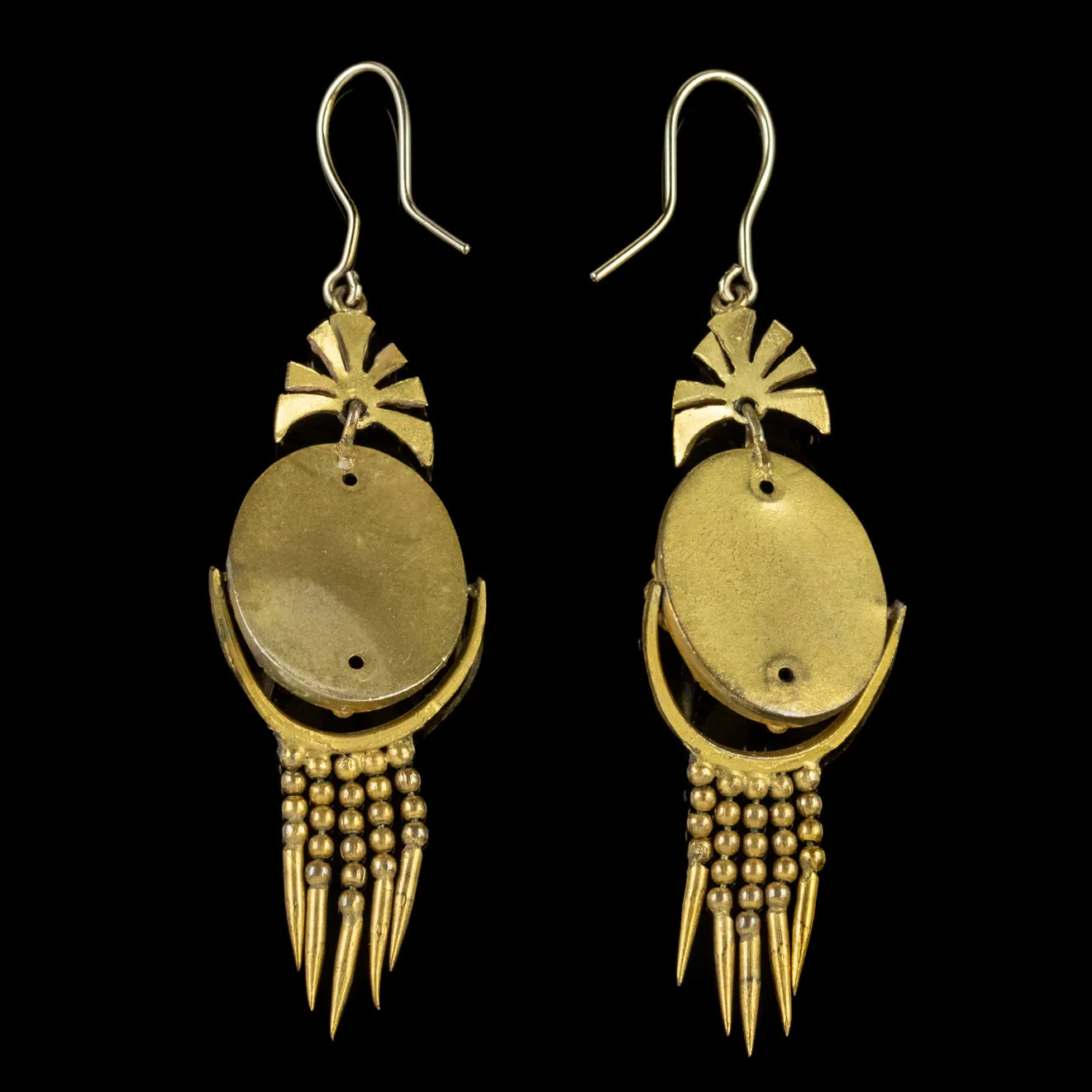 Antique Victorian Etruscan Revival Enamel Pearl Drop Earrings Boxed Circa 1860