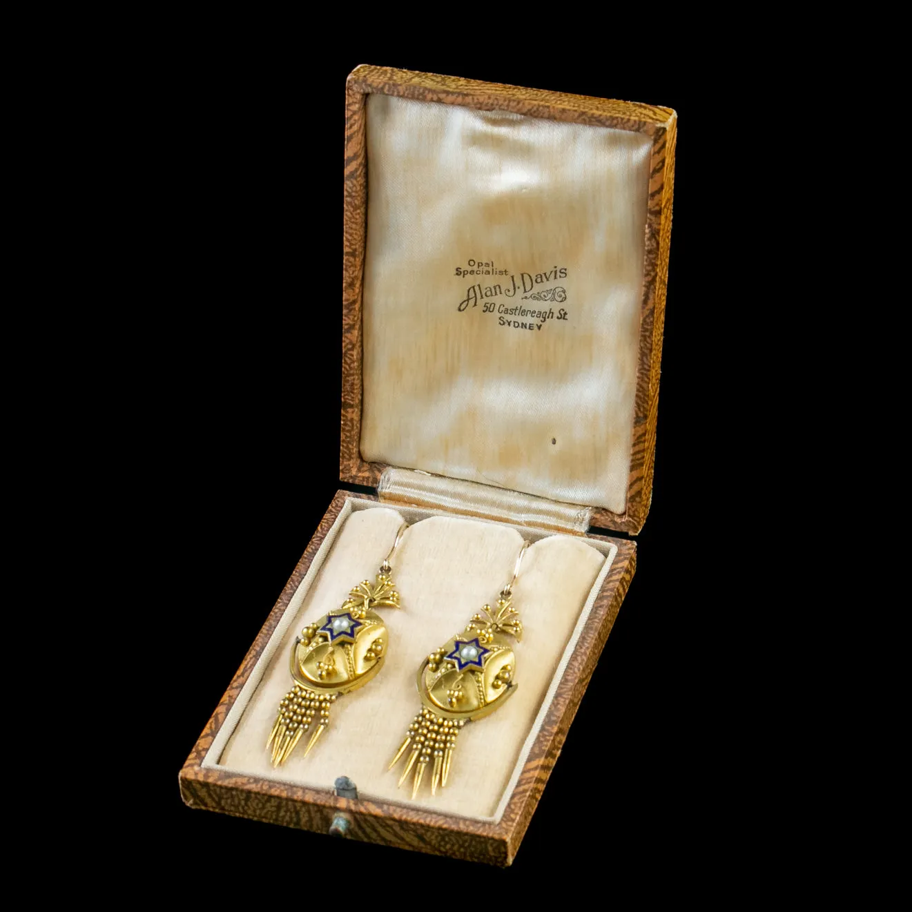 Antique Victorian Etruscan Revival Enamel Pearl Drop Earrings Boxed Circa 1860