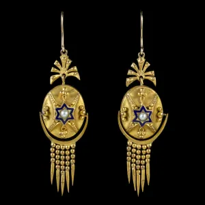 Antique Victorian Etruscan Revival Enamel Pearl Drop Earrings Boxed Circa 1860
