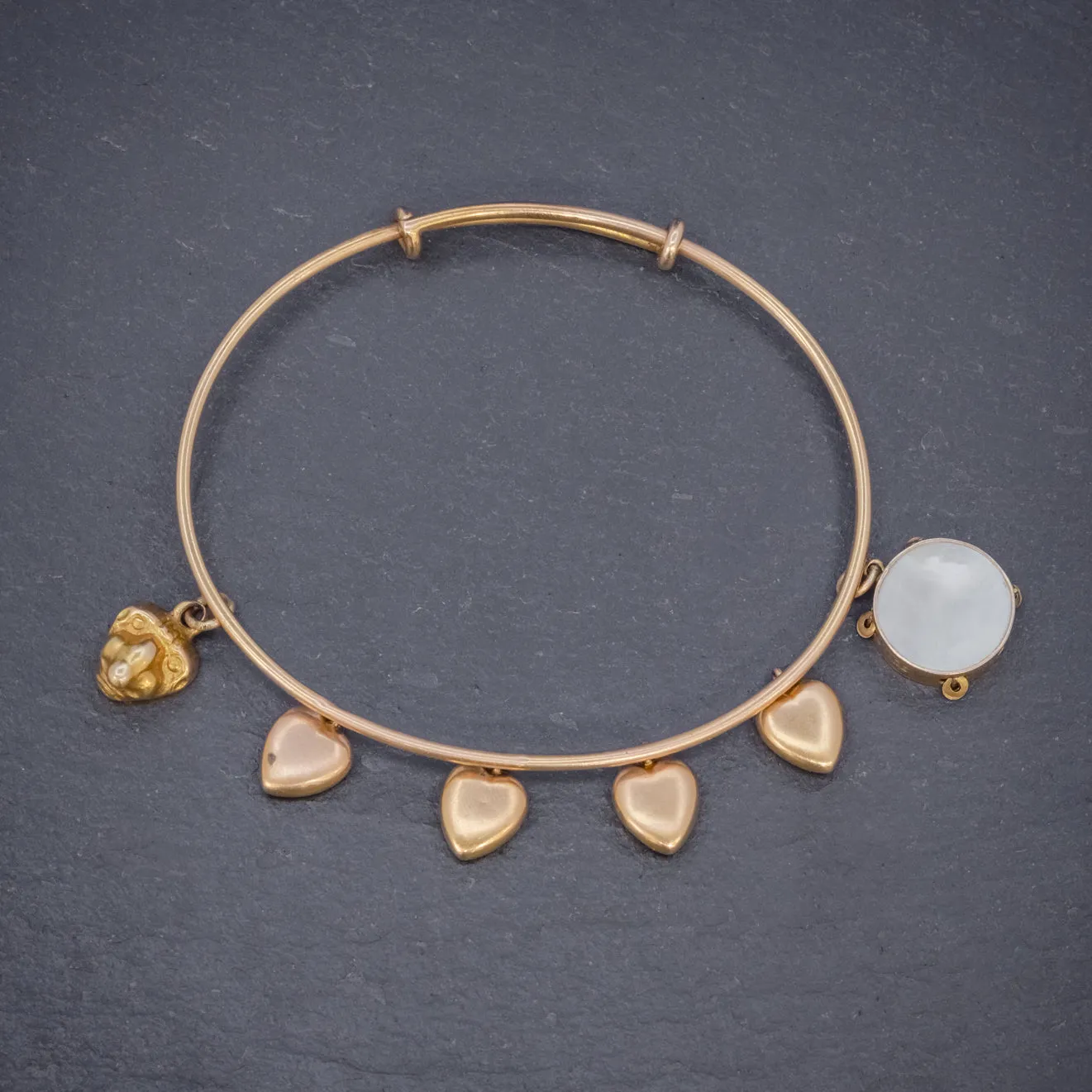 Antique Victorian Heart Charm Bangle 15Ct Gold Circa 1900
