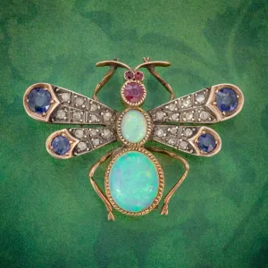Antique Victorian Insect Brooch Opal Diamond Ruby Sapphire 18Ct Gold Circa 1880