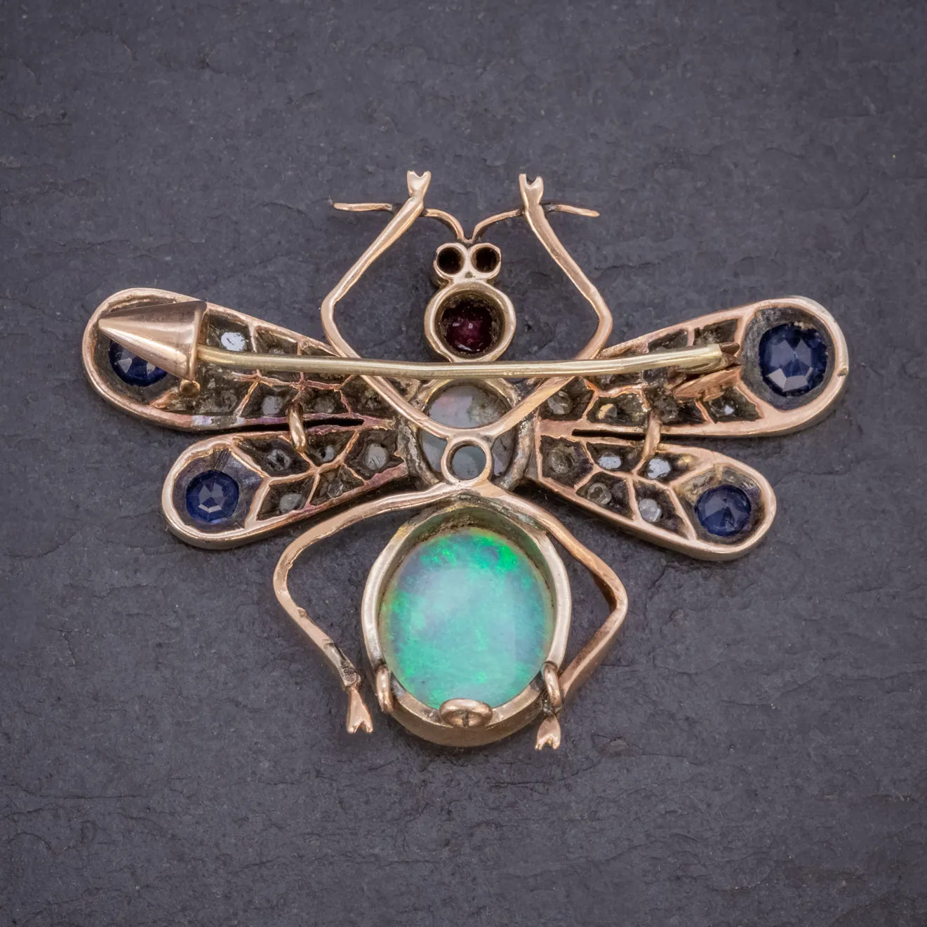 Antique Victorian Insect Brooch Opal Diamond Ruby Sapphire 18Ct Gold Circa 1880