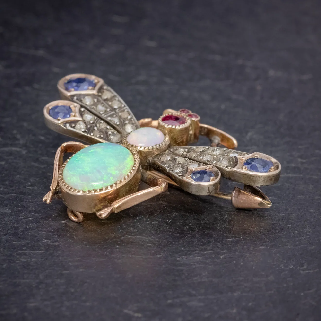 Antique Victorian Insect Brooch Opal Diamond Ruby Sapphire 18Ct Gold Circa 1880
