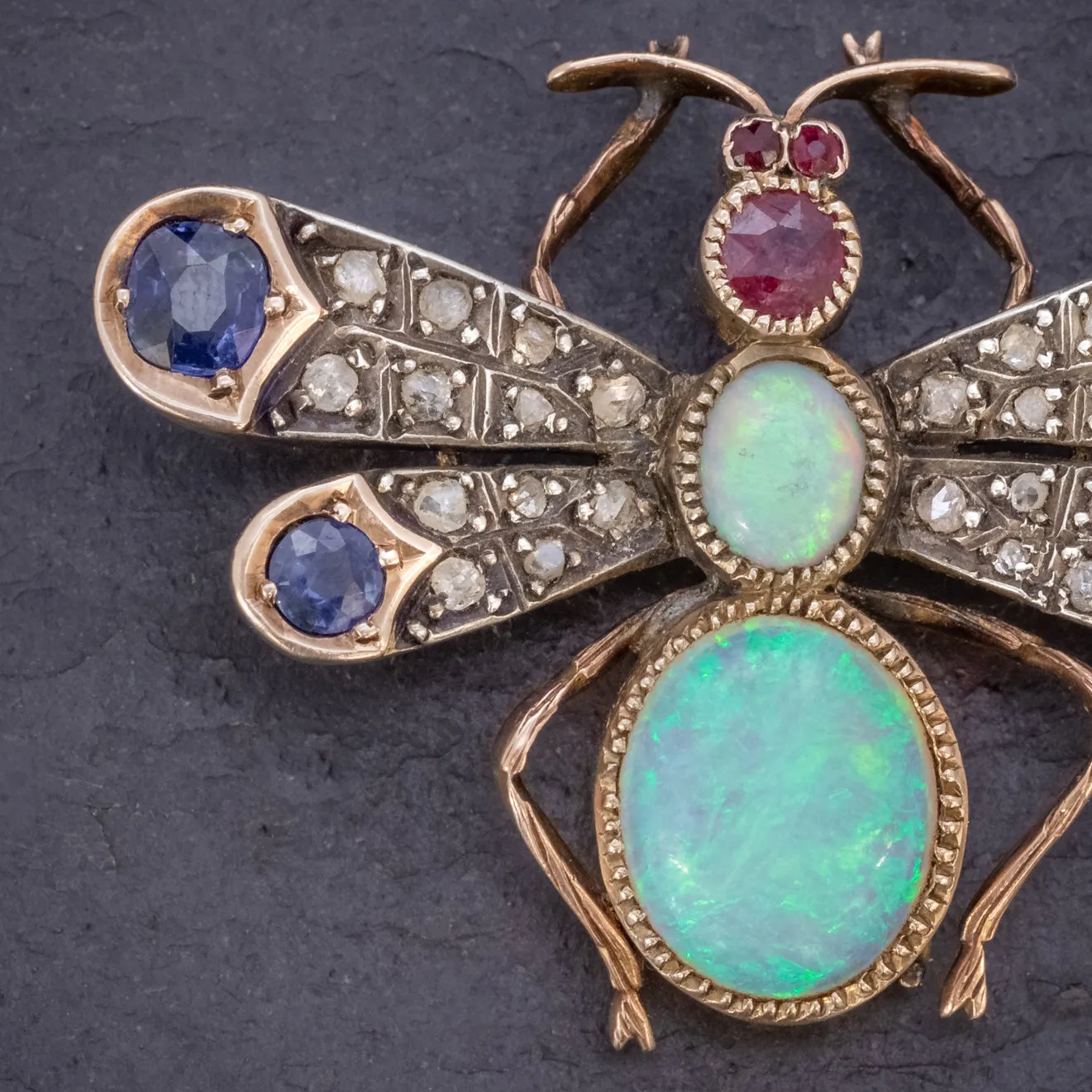 Antique Victorian Insect Brooch Opal Diamond Ruby Sapphire 18Ct Gold Circa 1880