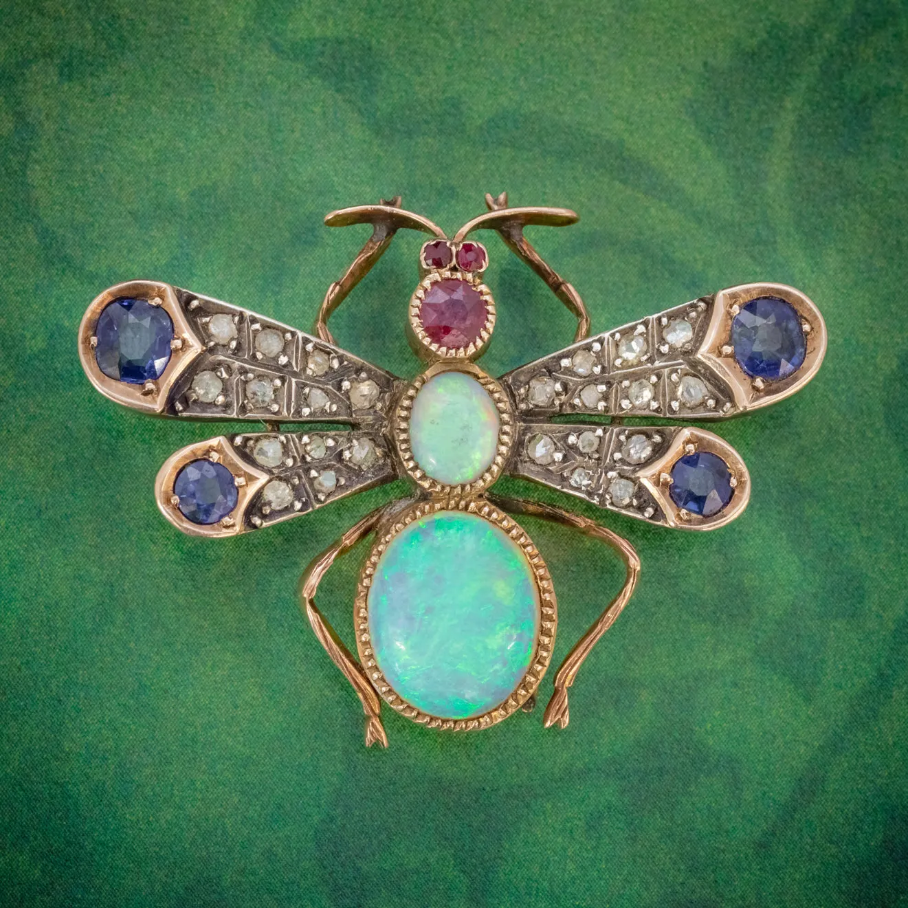 Antique Victorian Insect Brooch Opal Diamond Ruby Sapphire 18Ct Gold Circa 1880
