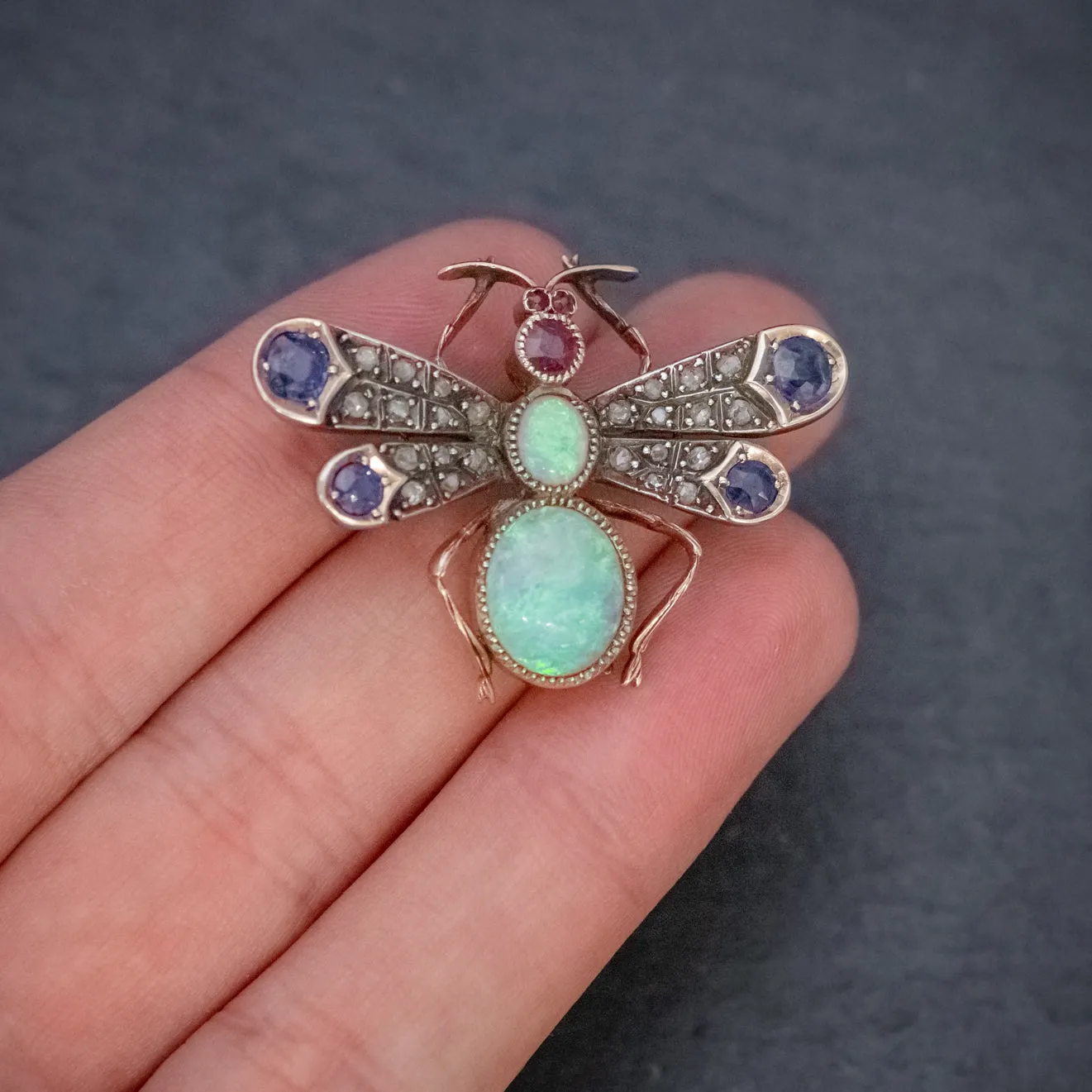 Antique Victorian Insect Brooch Opal Diamond Ruby Sapphire 18Ct Gold Circa 1880
