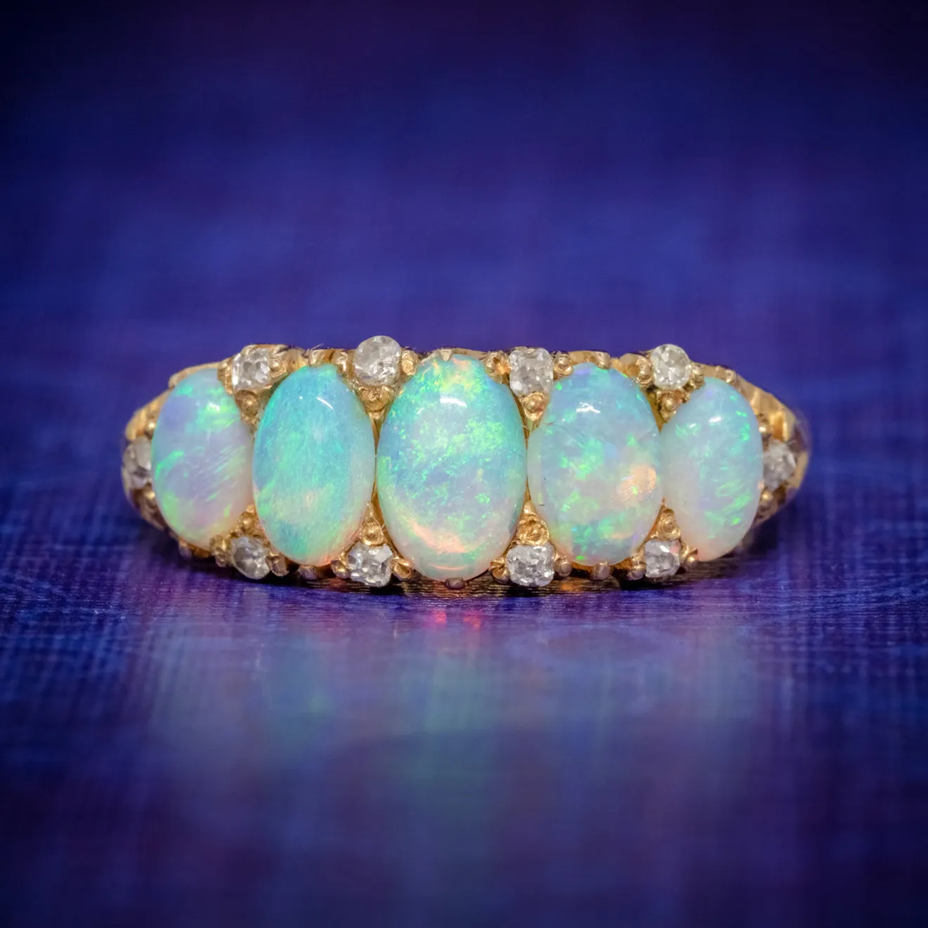 Antique Victorian Opal Diamond Ring 18Ct Gold Circa 1880 Boxed