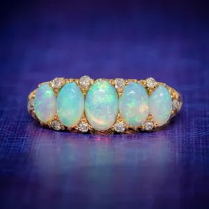 Antique Victorian Opal Diamond Ring 18Ct Gold Circa 1880 Boxed