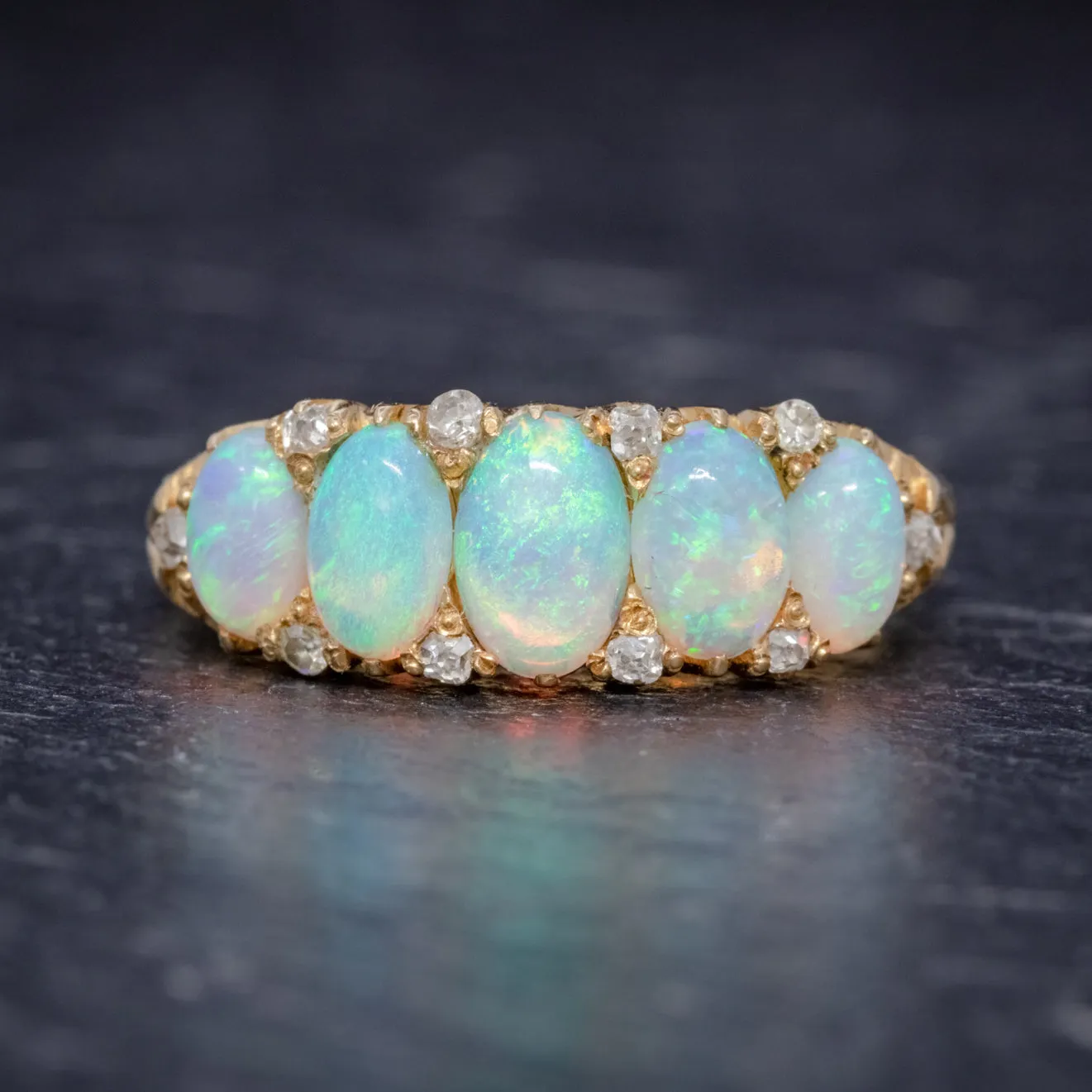 Antique Victorian Opal Diamond Ring 18Ct Gold Circa 1880 Boxed