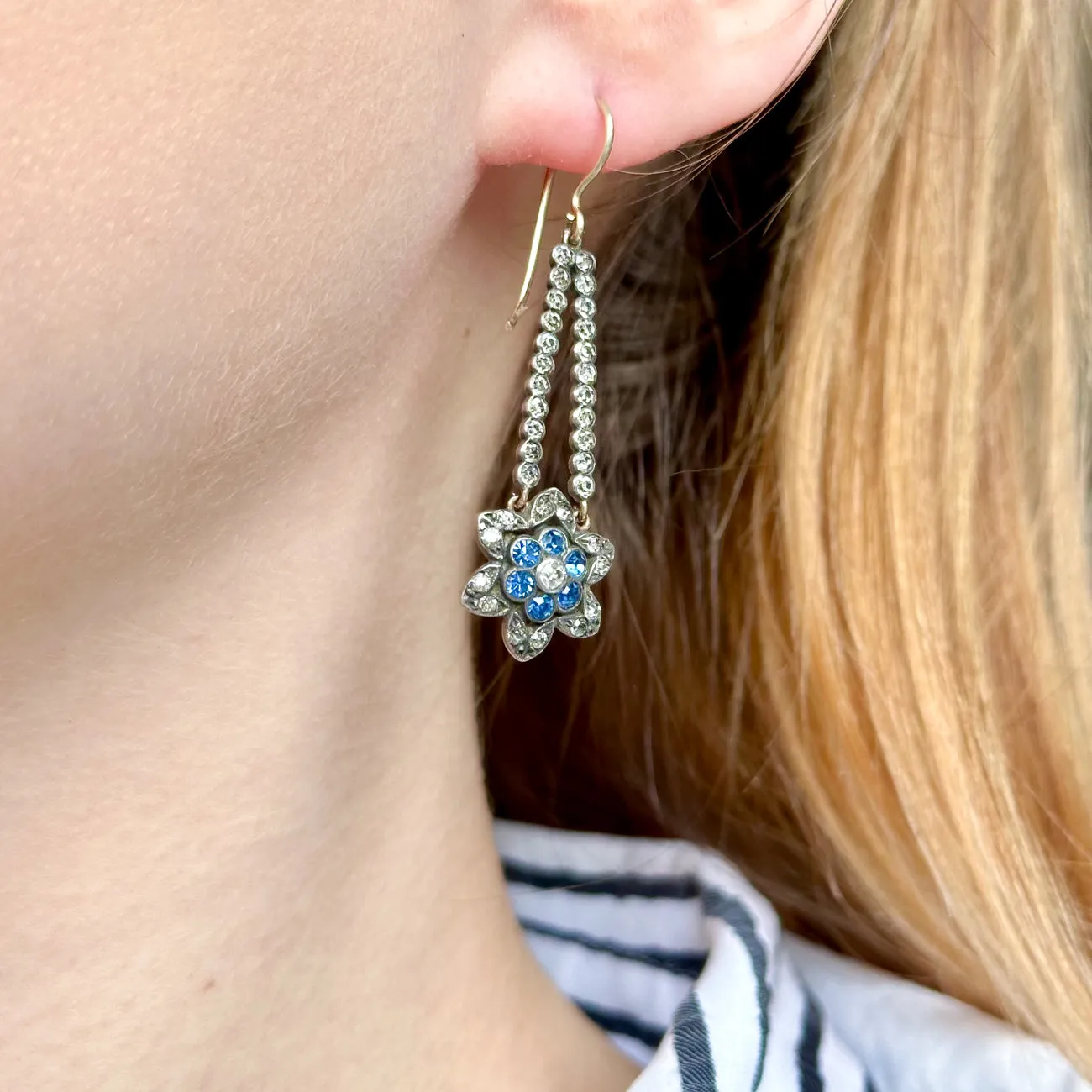 Antique Victorian Paste Flower Drop Earrings Gold Wires