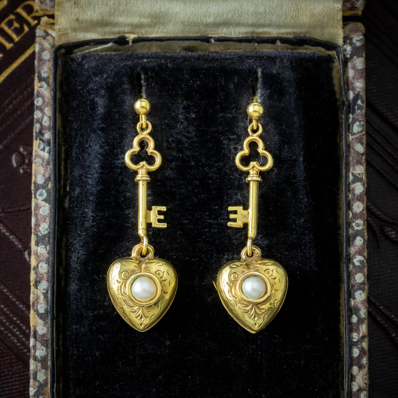 Antique Victorian Pearl Key To Your Heart Drop Earrings 9ct Gold