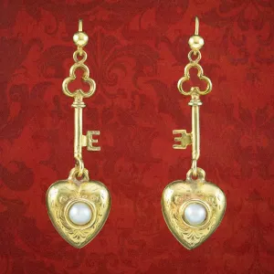 Antique Victorian Pearl Key To Your Heart Drop Earrings 9ct Gold