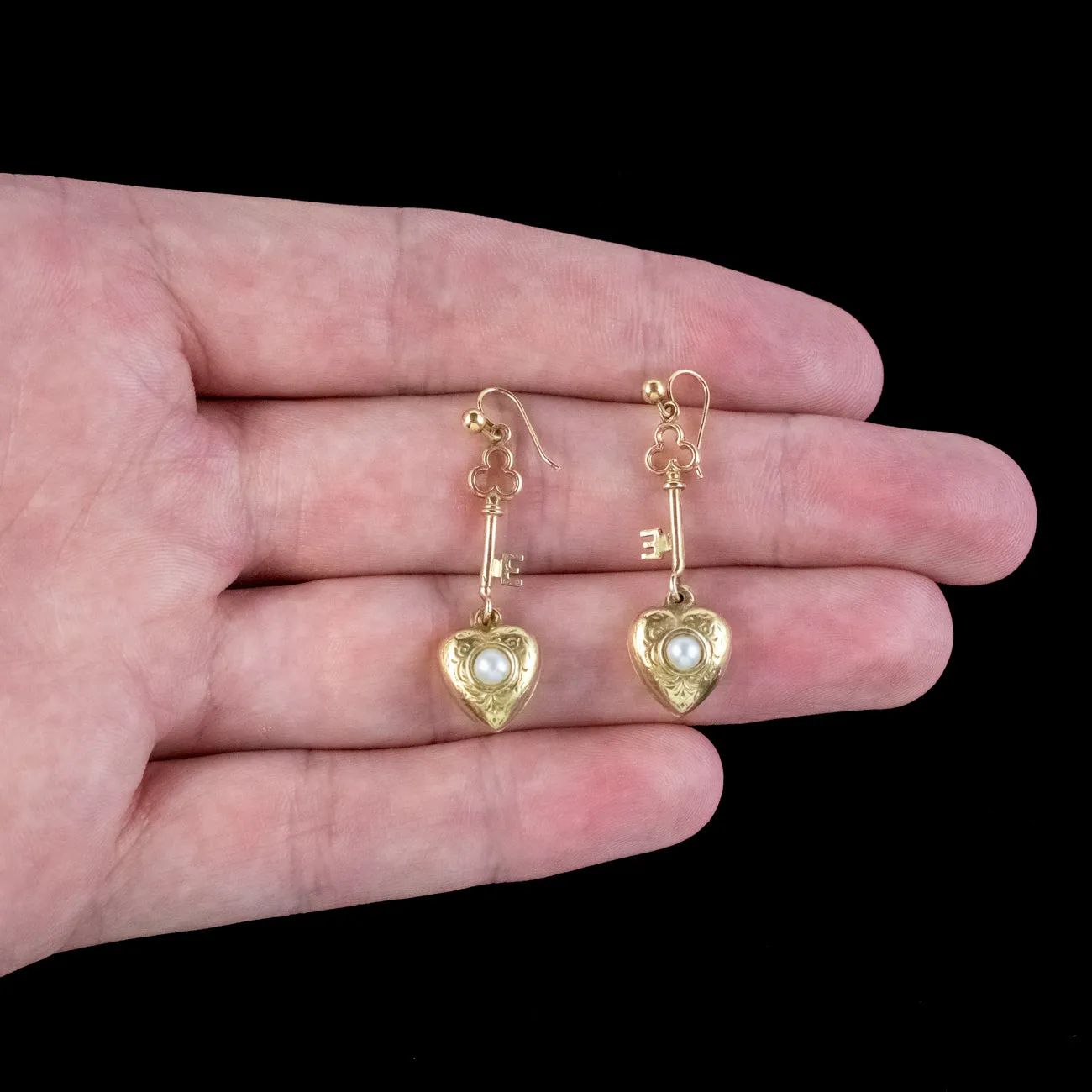 Antique Victorian Pearl Key To Your Heart Drop Earrings 9ct Gold