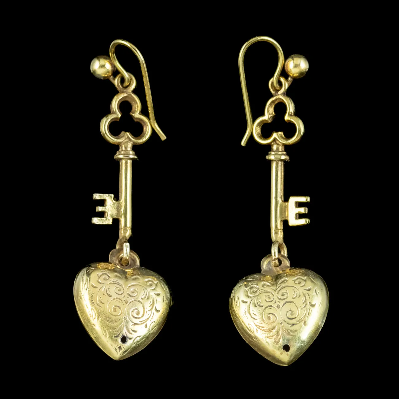 Antique Victorian Pearl Key To Your Heart Drop Earrings 9ct Gold