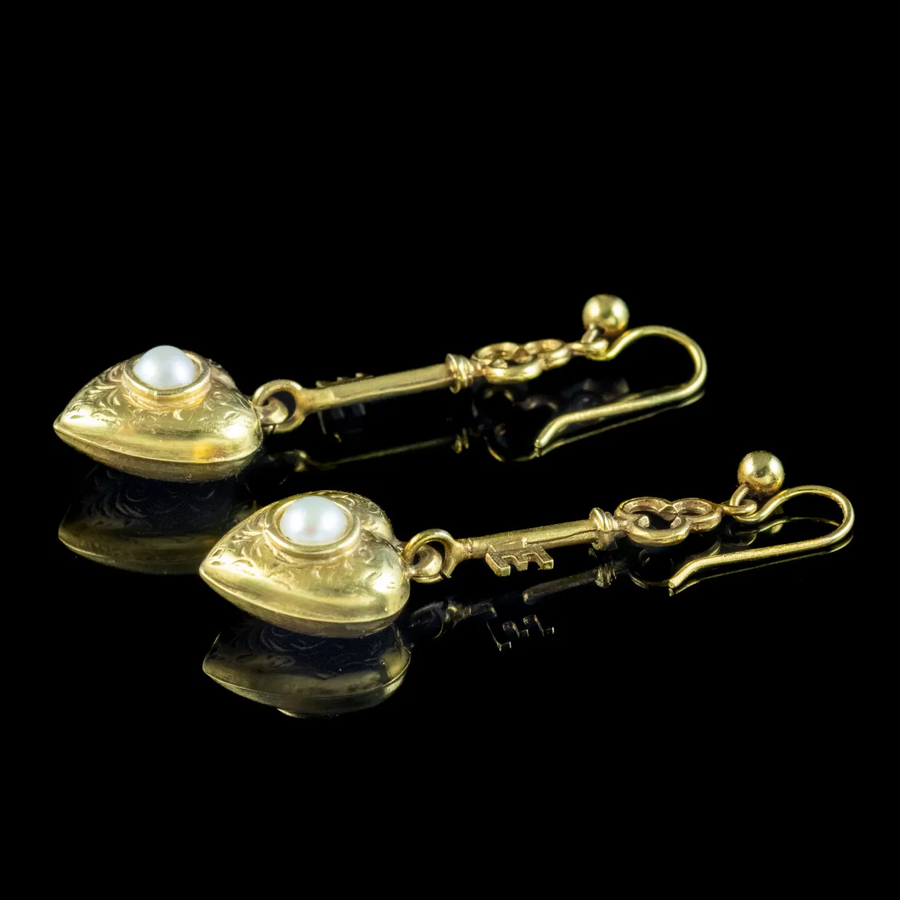 Antique Victorian Pearl Key To Your Heart Drop Earrings 9ct Gold