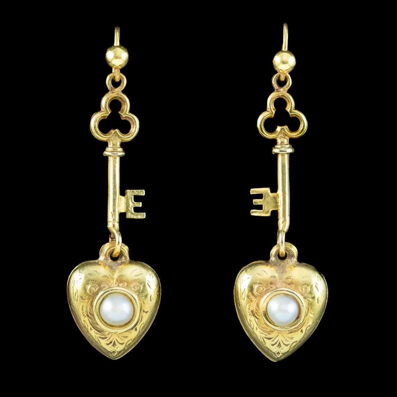 Antique Victorian Pearl Key To Your Heart Drop Earrings 9ct Gold