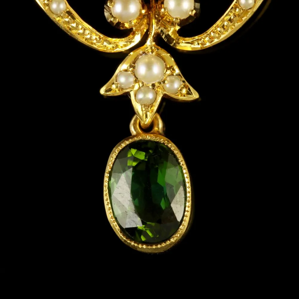Antique Victorian Pendant Green Tourmaline 15Ct Gold Brooch Circa 1900