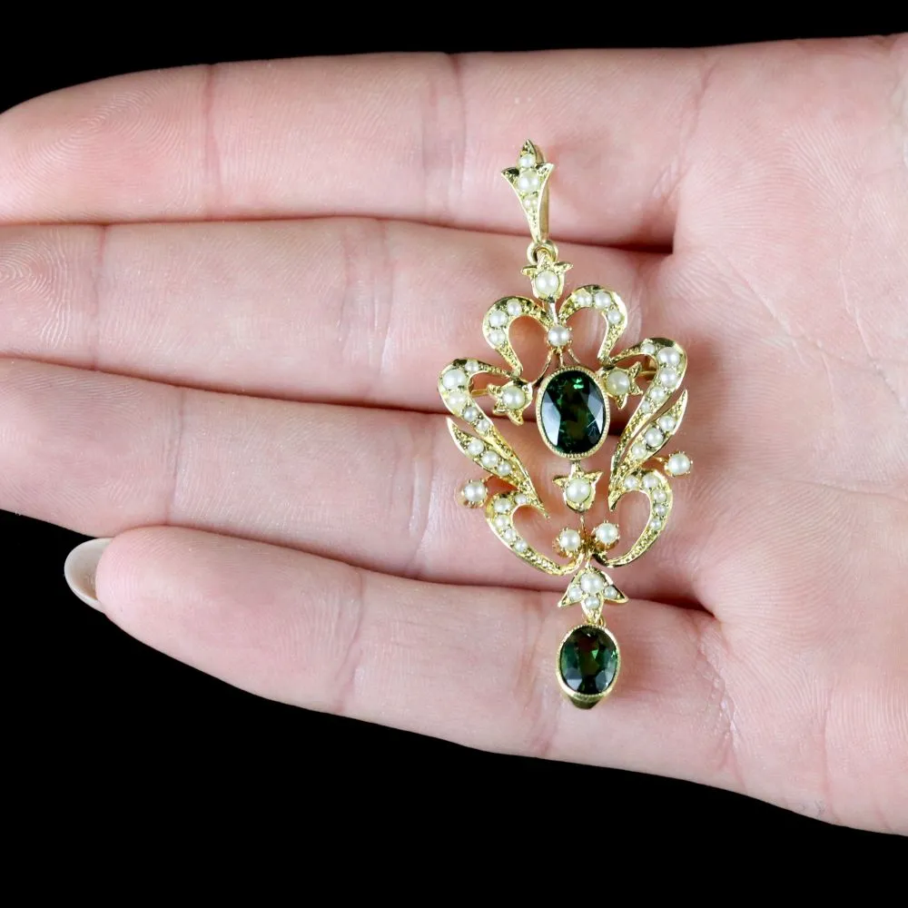 Antique Victorian Pendant Green Tourmaline 15Ct Gold Brooch Circa 1900