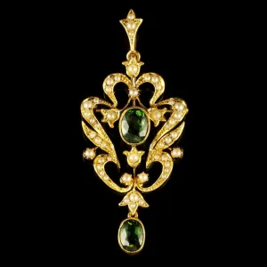 Antique Victorian Pendant Green Tourmaline 15Ct Gold Brooch Circa 1900