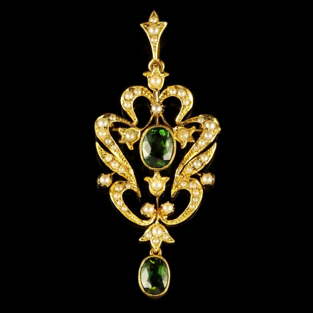 Antique Victorian Pendant Green Tourmaline 15Ct Gold Brooch Circa 1900