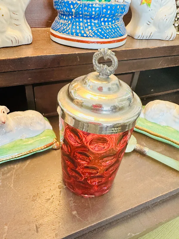 Antique Victorian Pickle Castor/Jar, Cranberry Glass, Reverse Thumbprint, Silverplate Lid