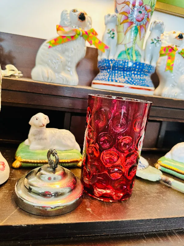 Antique Victorian Pickle Castor/Jar, Cranberry Glass, Reverse Thumbprint, Silverplate Lid