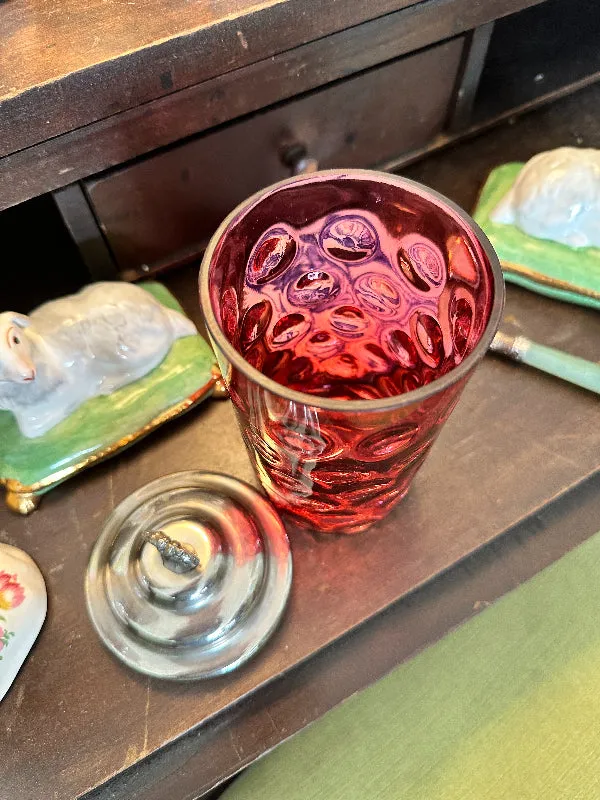 Antique Victorian Pickle Castor/Jar, Cranberry Glass, Reverse Thumbprint, Silverplate Lid