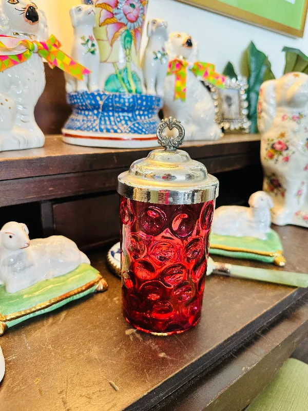Antique Victorian Pickle Castor/Jar, Cranberry Glass, Reverse Thumbprint, Silverplate Lid