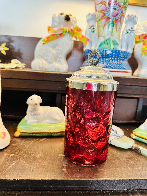 Antique Victorian Pickle Castor/Jar, Cranberry Glass, Reverse Thumbprint, Silverplate Lid