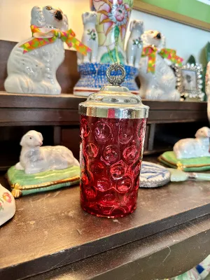 Antique Victorian Pickle Castor/Jar, Cranberry Glass, Reverse Thumbprint, Silverplate Lid