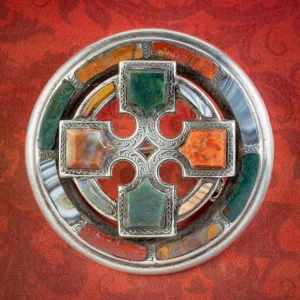Antique Victorian Scottish Agate Cross Brooch Silver Circa 1860