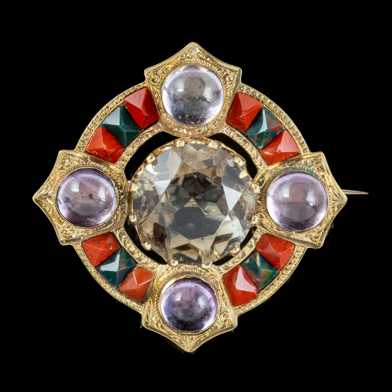 Antique Victorian Scottish Brooch Agate Quartz Amethyst 18ct Gold Dated 1868