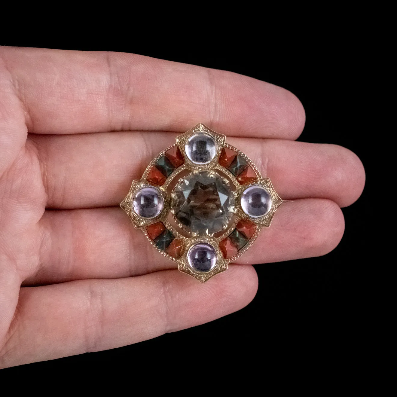 Antique Victorian Scottish Brooch Agate Quartz Amethyst 18ct Gold Dated 1868