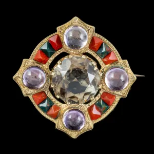 Antique Victorian Scottish Brooch Agate Quartz Amethyst 18ct Gold Dated 1868
