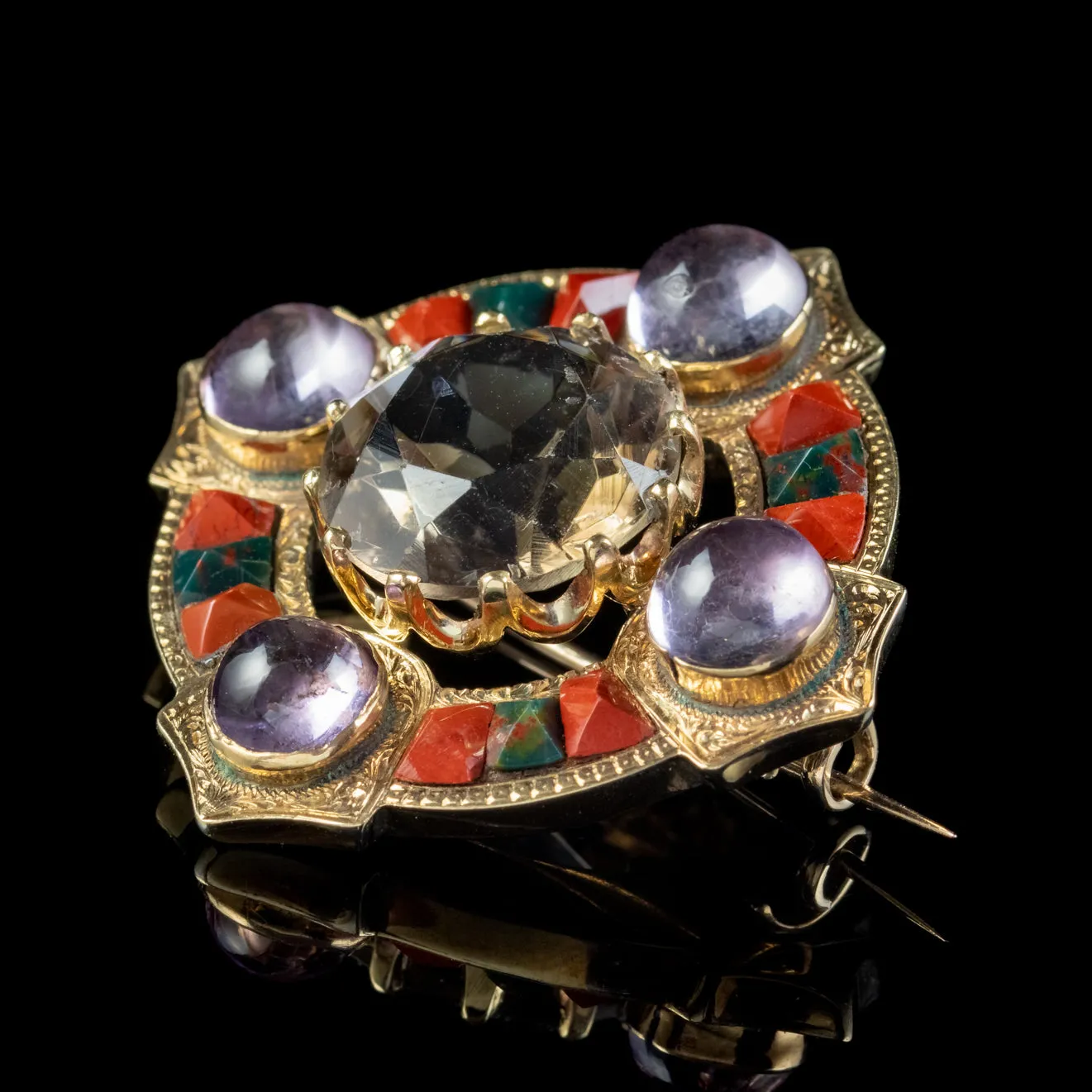 Antique Victorian Scottish Brooch Agate Quartz Amethyst 18ct Gold Dated 1868