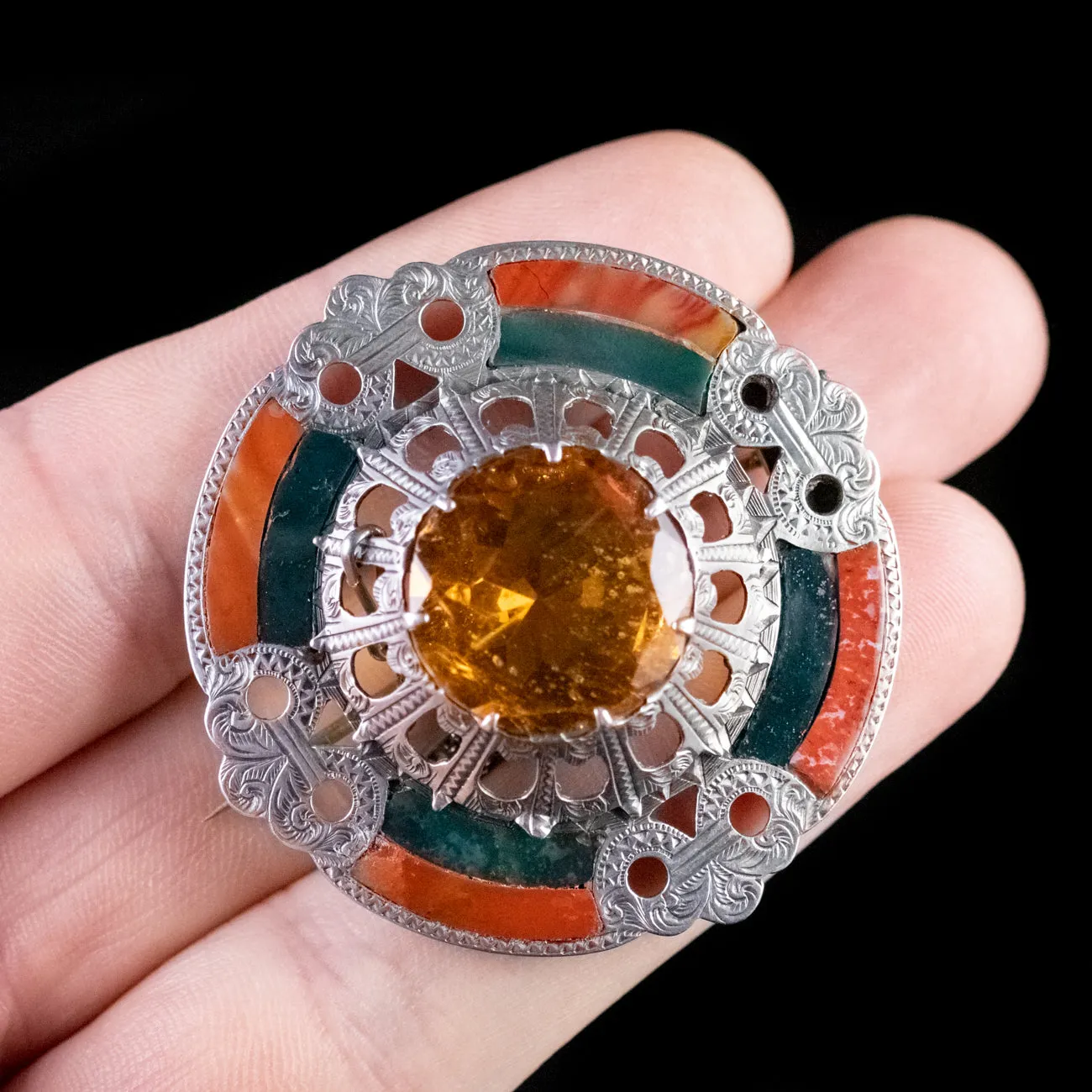 Antique Victorian Scottish Paste Agate Brooch Silver Dated 1845