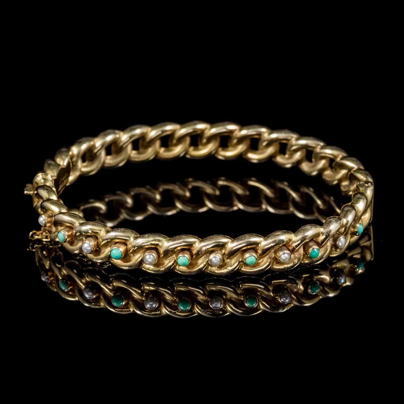 Antique Victorian Turquoise Pearl Forget Me Not Bangle 15Ct Gold Dated 1889