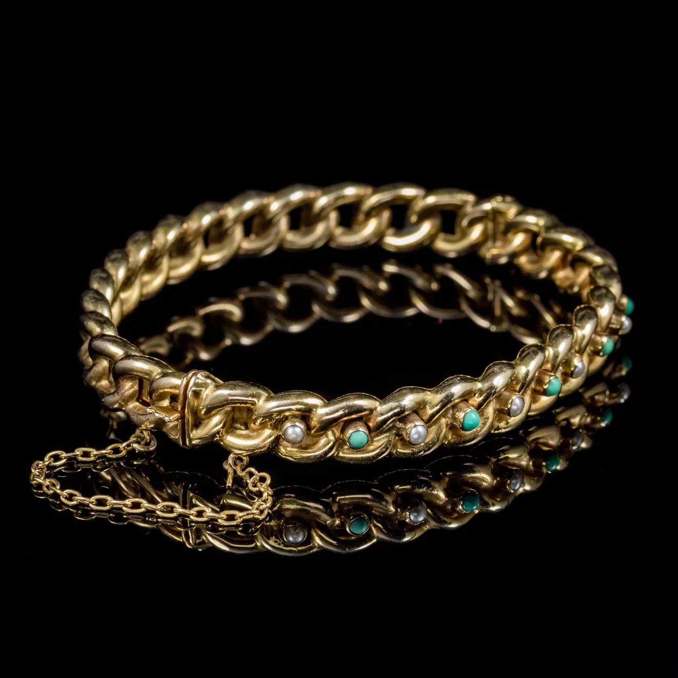 Antique Victorian Turquoise Pearl Forget Me Not Bangle 15Ct Gold Dated 1889