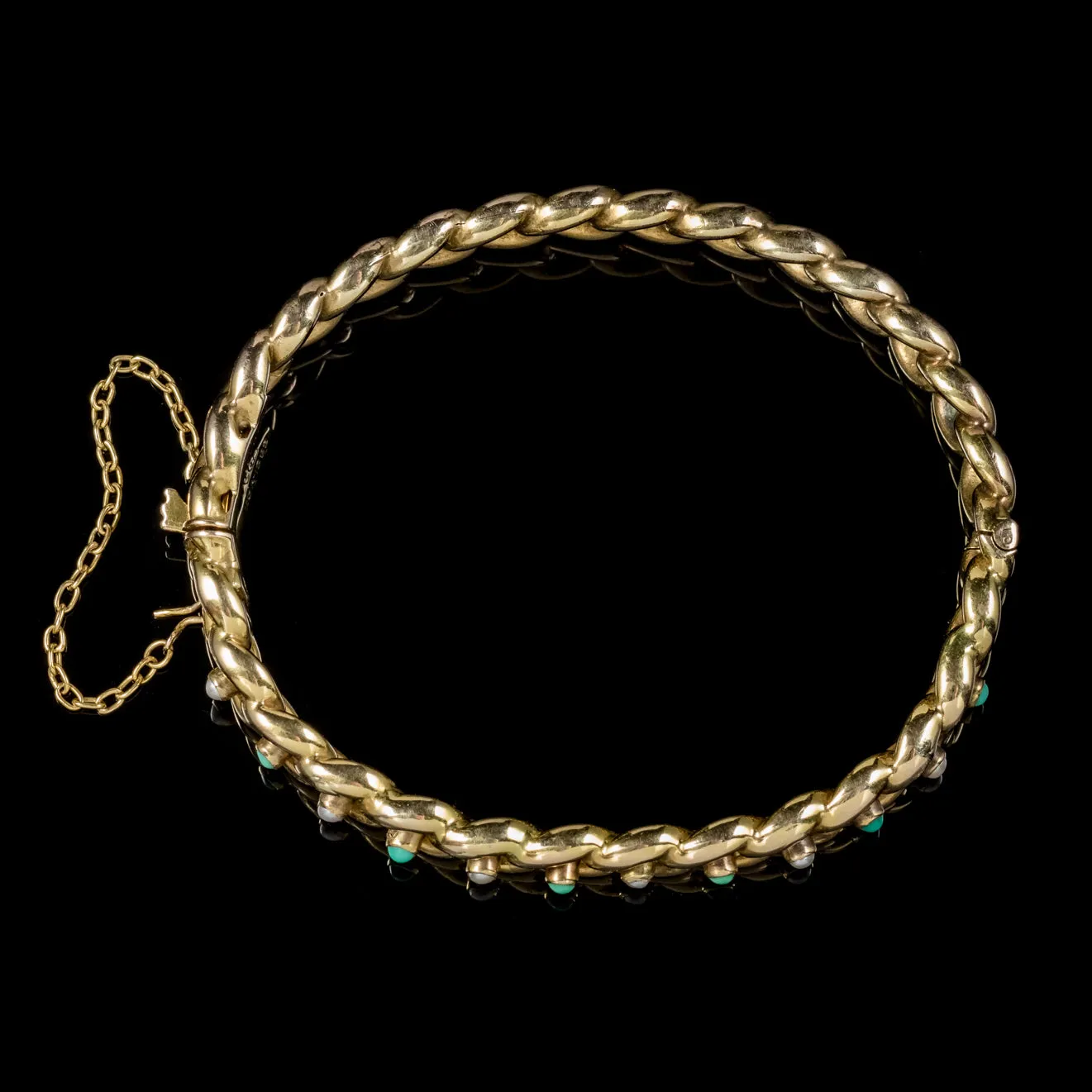 Antique Victorian Turquoise Pearl Forget Me Not Bangle 15Ct Gold Dated 1889