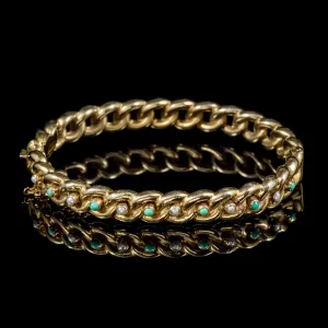Antique Victorian Turquoise Pearl Forget Me Not Bangle 15Ct Gold Dated 1889
